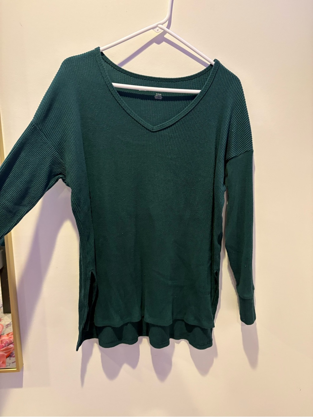 American Eagle Outfitters Deep Green Ribbed V-Neck Long Sleeve Top